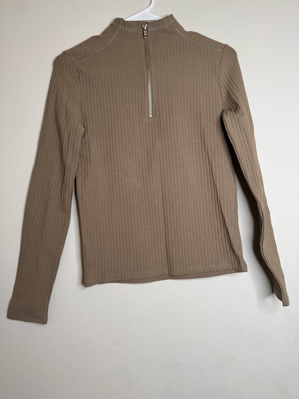Zara Ribbed Mock Neck Long-Sleeve Top in Taupe